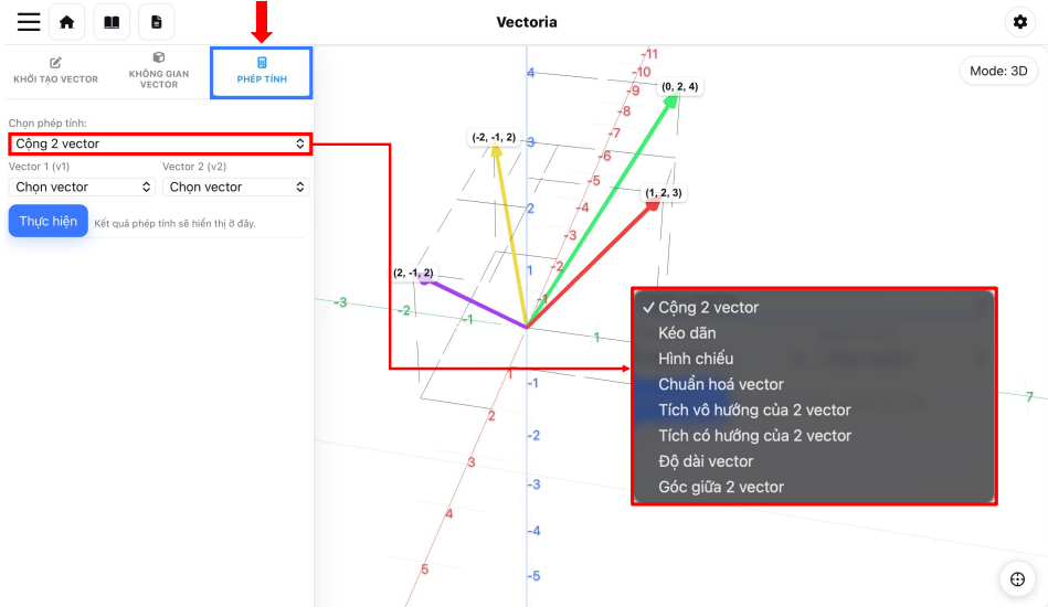 Menu Các phép tính trên vector