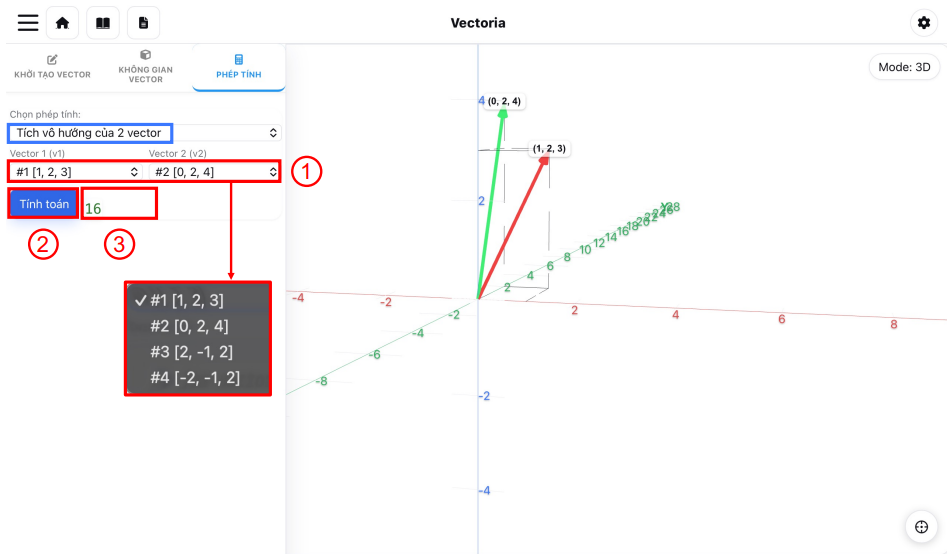 Thực hiện Phép tìm tích vô hướng của 2 vector