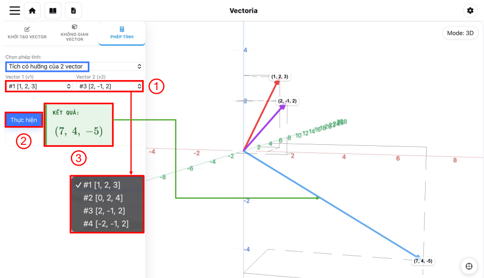 Thực hiện Phép tìm tích có hướng của 2 vector